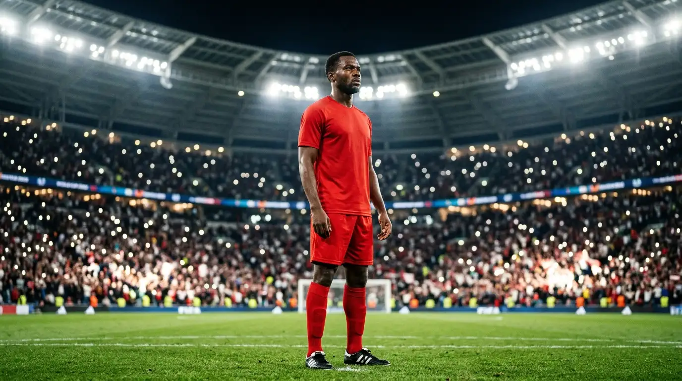 Joueur suisse en maillot rouge concentré avant un quart de finale de Coupe du Monde sous les projecteurs