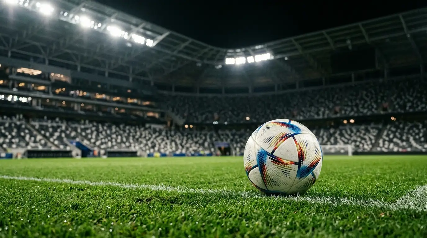 Ballon officiel de Coupe du Monde sur une pelouse illuminée dans un grand stade la nuit