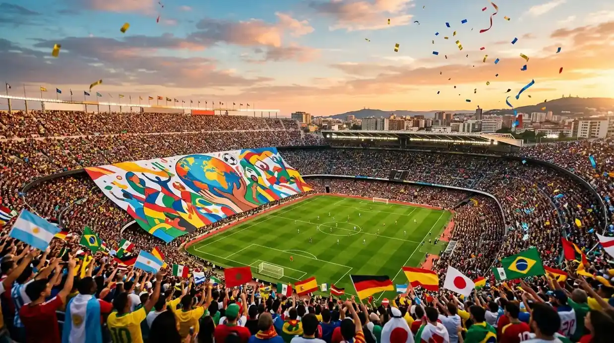 Vue panoramique d'un stade de Coupe du Monde bondé, tifos colorés des supporters de différentes équipes, ambiance festive