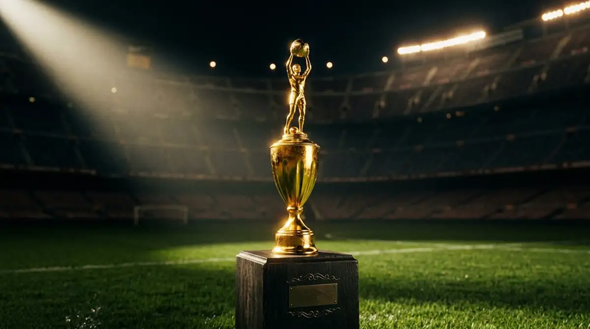 Trophée doré de football posé sur un piédestal sous les projecteurs d'un stade la nuit
