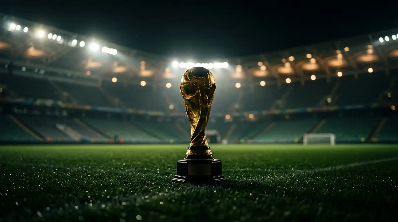 Trophée de football stylisé sous les projecteurs d'un stade, ambiance de fin de tournoi