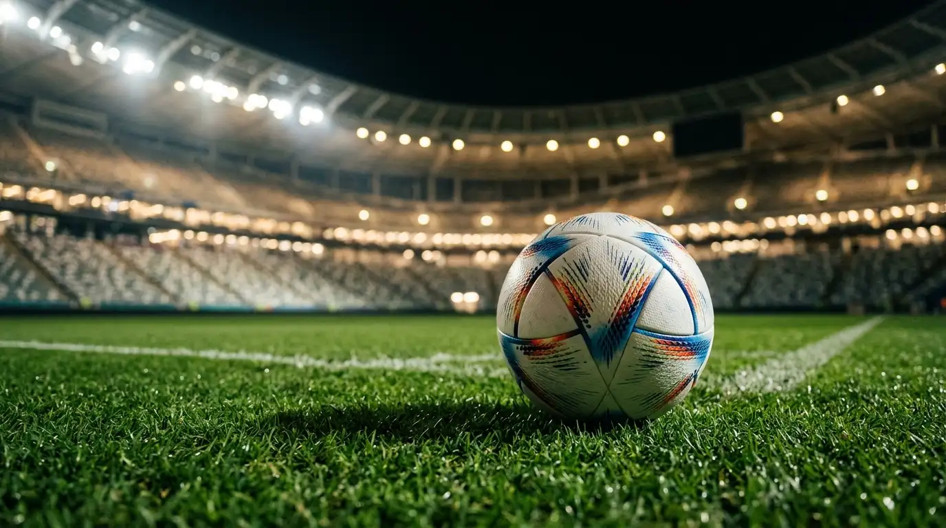 Ballon officiel de Coupe du Monde sur une pelouse éclairée, ambiance de phase finale