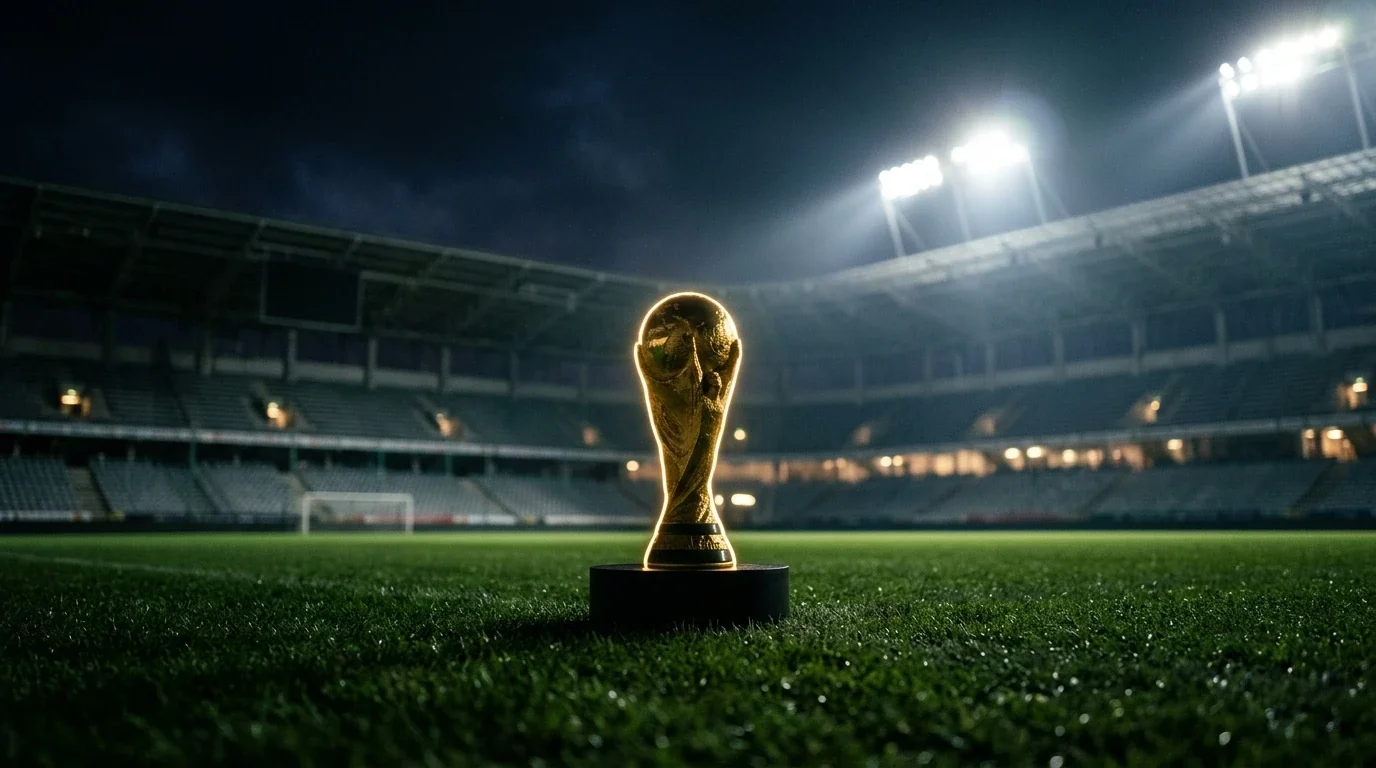 Trophée de football stylisé sous les projecteurs d'un stade, ambiance de fin de tournoi