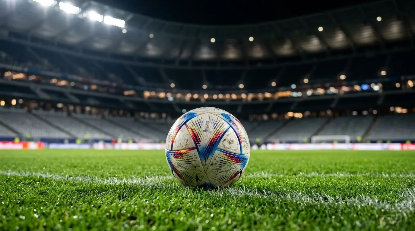 Ballon officiel de Coupe du Monde sur une pelouse éclairée, ambiance de phase finale