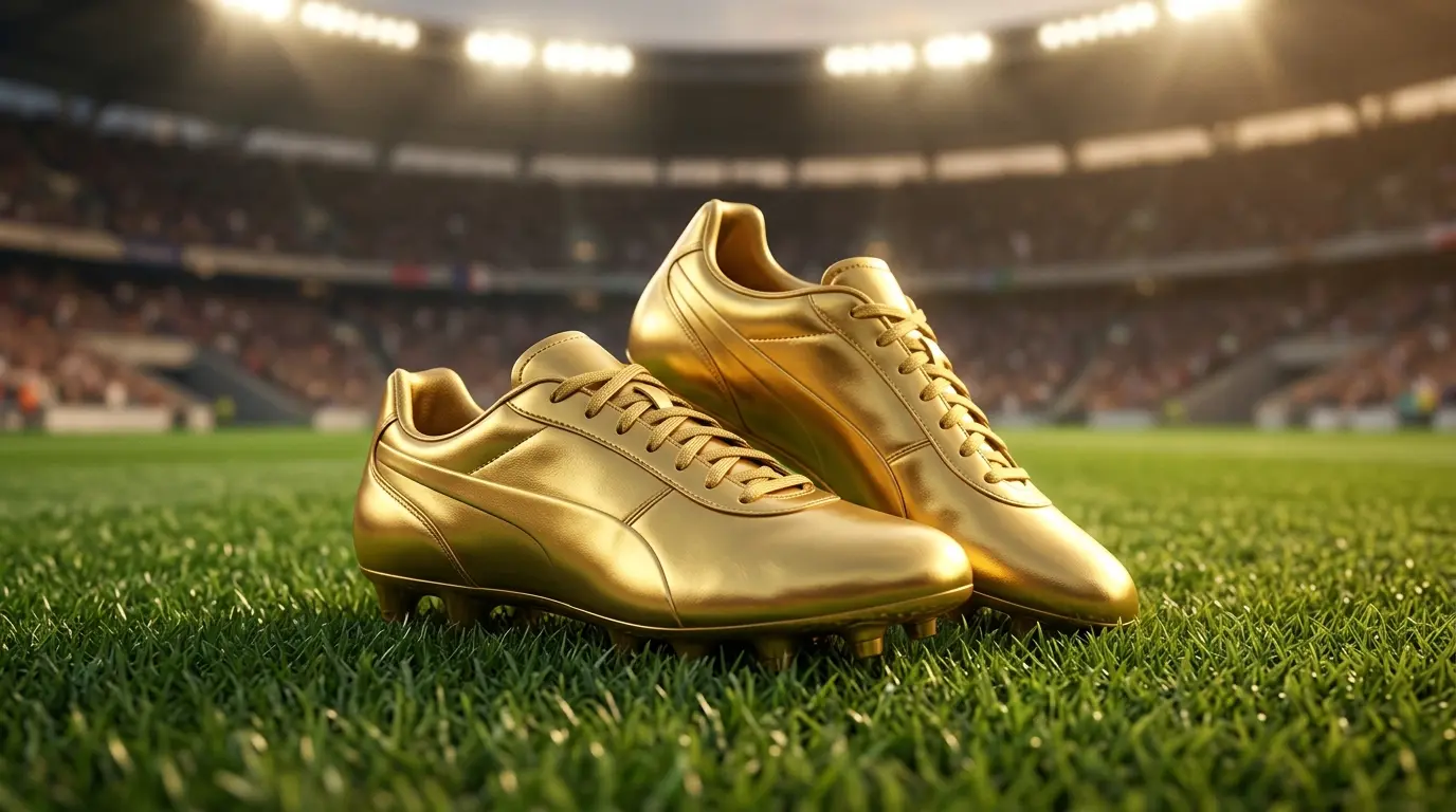 Chaussures de football dorées posées sur une pelouse de stade
