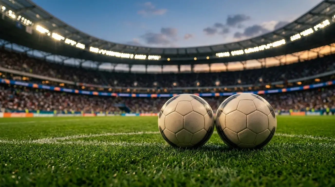 Deux ballons officiels alignés sur une pelouse au crépuscule avant les demi-finales de la Coupe du Monde