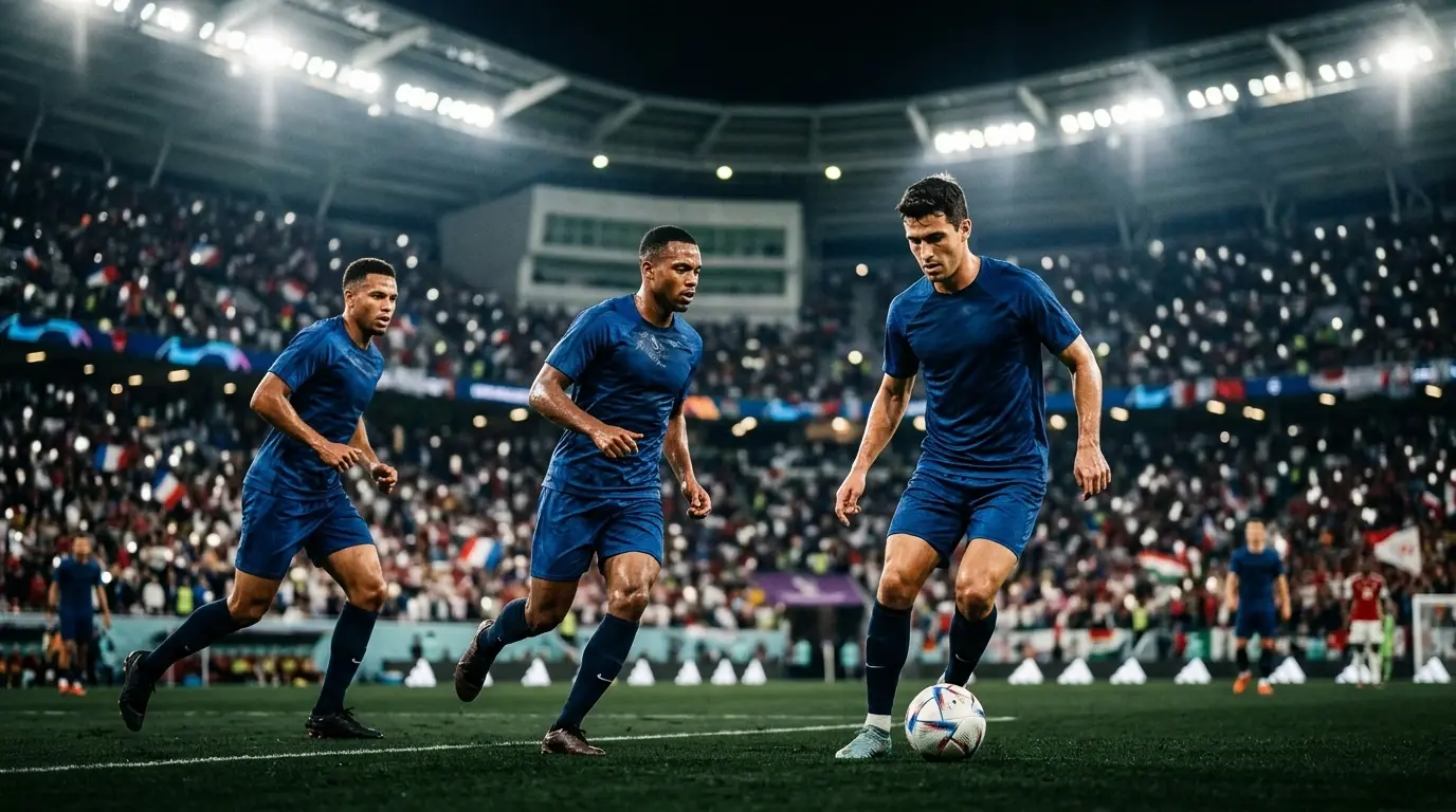 Joueurs concentrés à l'échauffement sous les projecteurs avant une demi-finale de Coupe du Monde