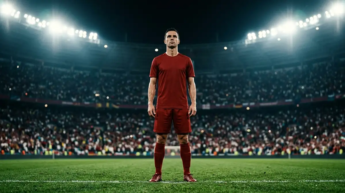 Joueur en tenue rouge concentré sous les projecteurs avant une finale de Coupe du Monde