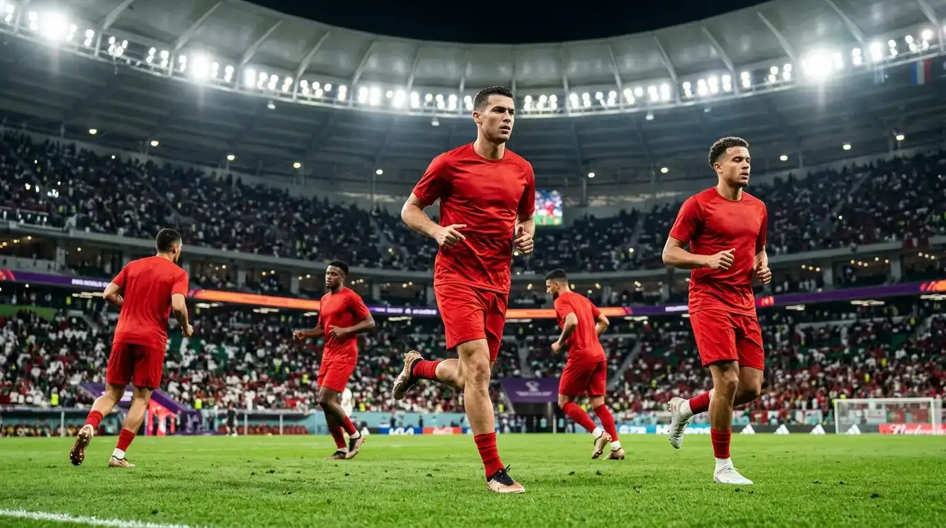 Joueurs en maillot rouge à l'échauffement avant un quart de finale de Coupe du Monde sous les projecteurs