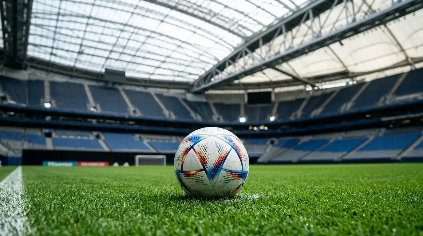 Ballon officiel de Coupe du Monde posé sur une pelouse d'un stade couvert illuminé