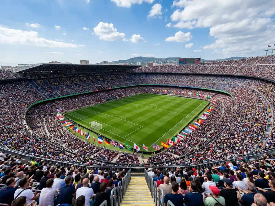 Terrain de football vu depuis les tribunes avec les drapeaux des 48 nations qualifiées pour la Coupe du Monde 2026