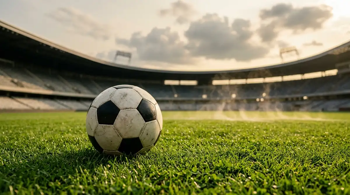 Ballon de football sur une pelouse ensoleillée d'un stade ouvert par forte chaleur, ambiance de fin d'après-midi