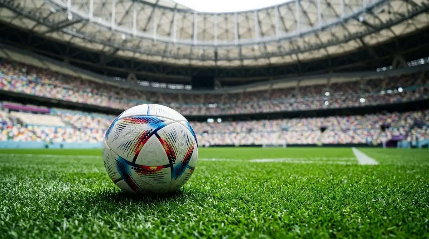 Ballon officiel de Coupe du Monde sur une pelouse impeccable d'un stade couvert et climatisé