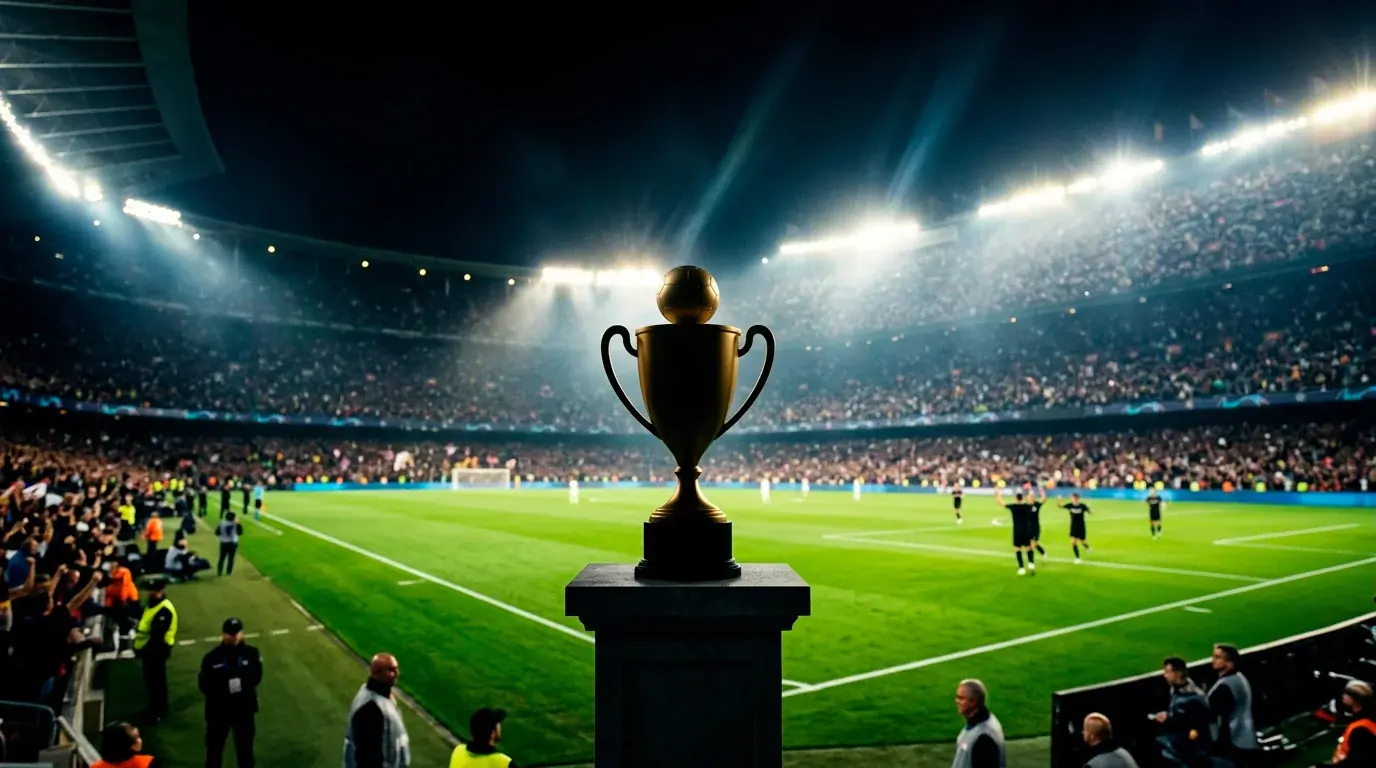 Trophée stylisé et pelouse de stade illuminée, ambiance de phase finale de Coupe du Monde
