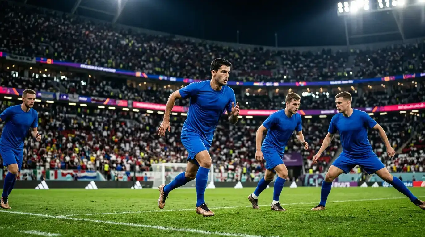 Joueurs d'une équipe de football en bleu concentrés avant un grand match à élimination directe
