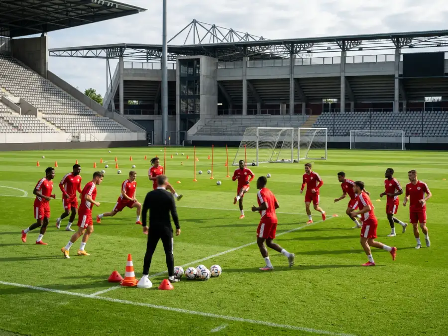 Joueurs de l'équipe nationale suisse à l'entrainement sur un terrain de football avec maillots rouges à croix blanche