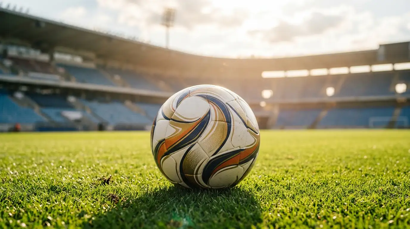 Ballon officiel de Coupe du Monde sur une pelouse ensoleillée d'un grand stade