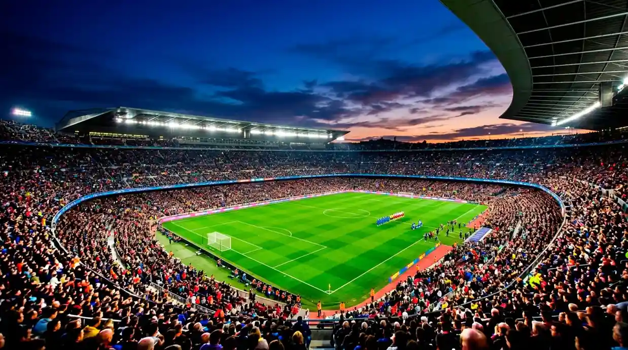 Stade de Coupe du Monde plein en soirée avant un grand match, projecteurs allumés sur la pelouse