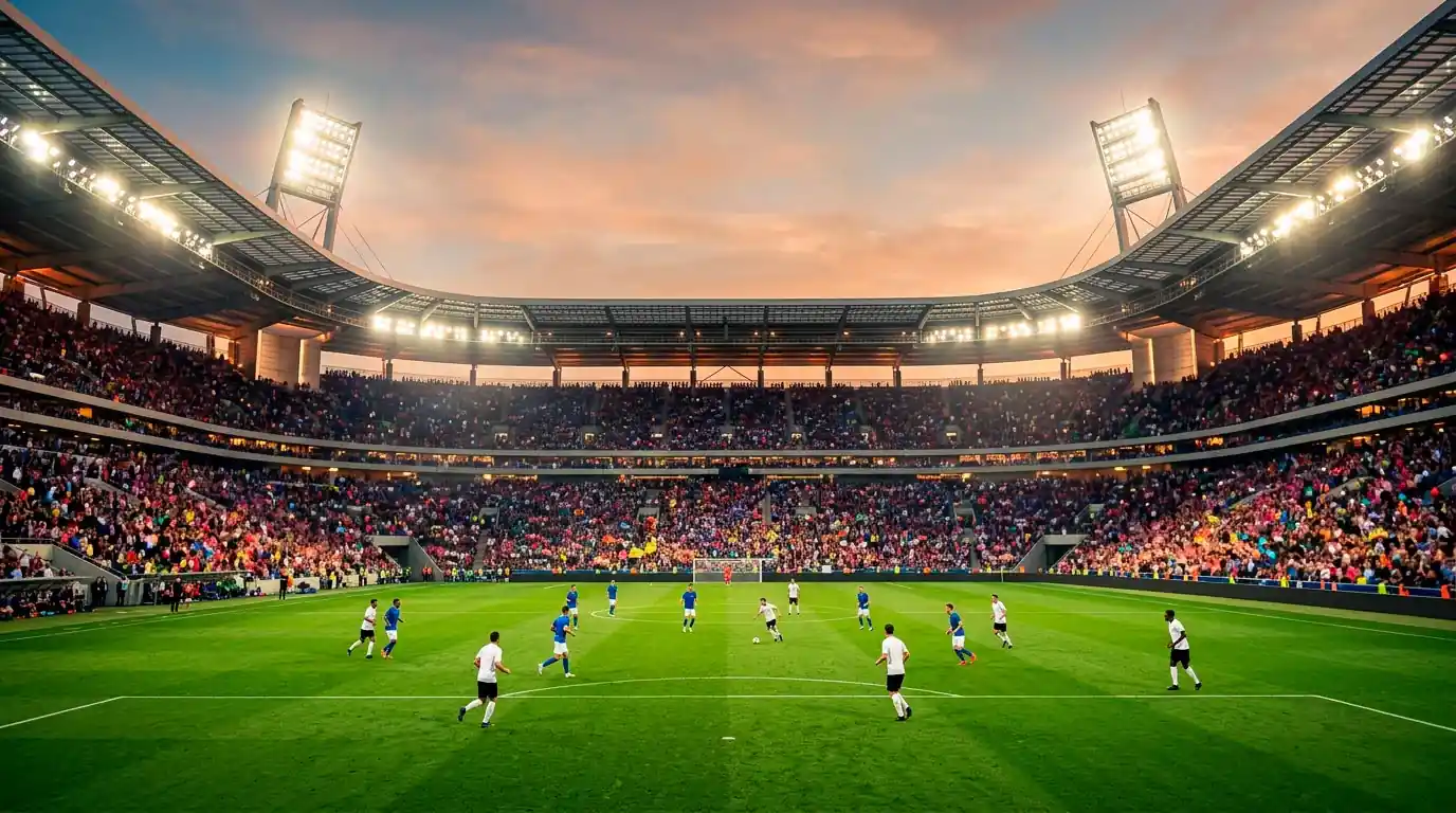 Stade de Coupe du Monde à ciel ouvert en soirée, projecteurs sur la pelouse avant un grand match