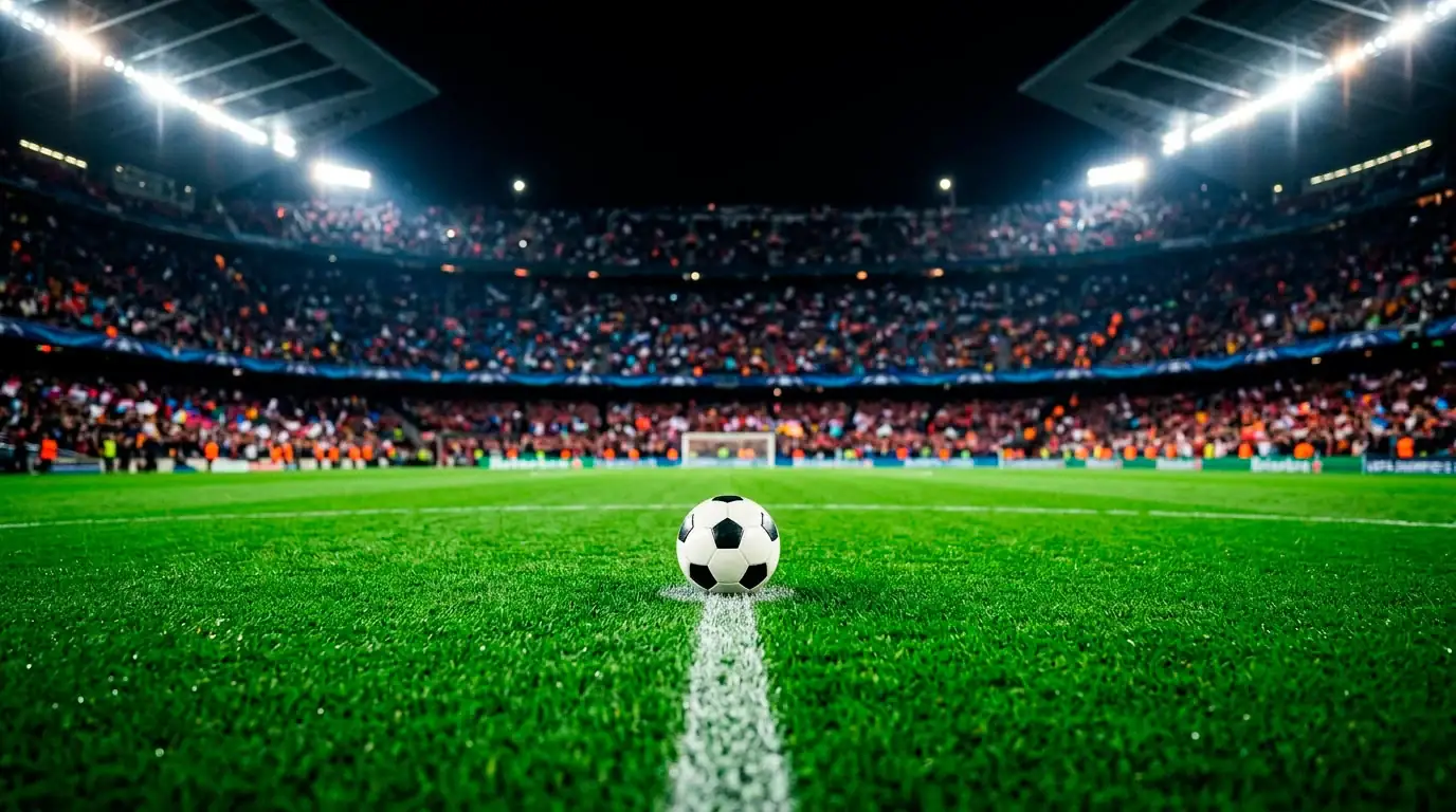 Ballon posé sur la pelouse d'un stade illuminé avant le coup d'envoi d'un huitième de finale