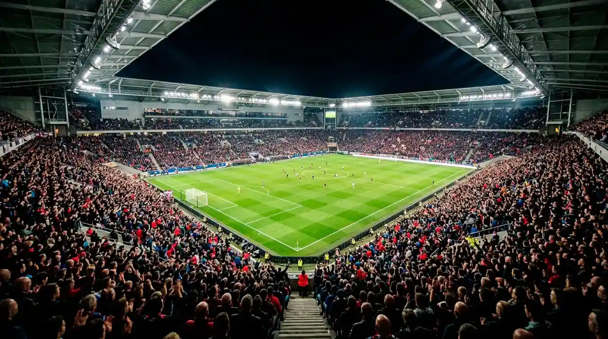 Vue nocturne d'un stade de Coupe du Monde comble, ambiance de match couperet