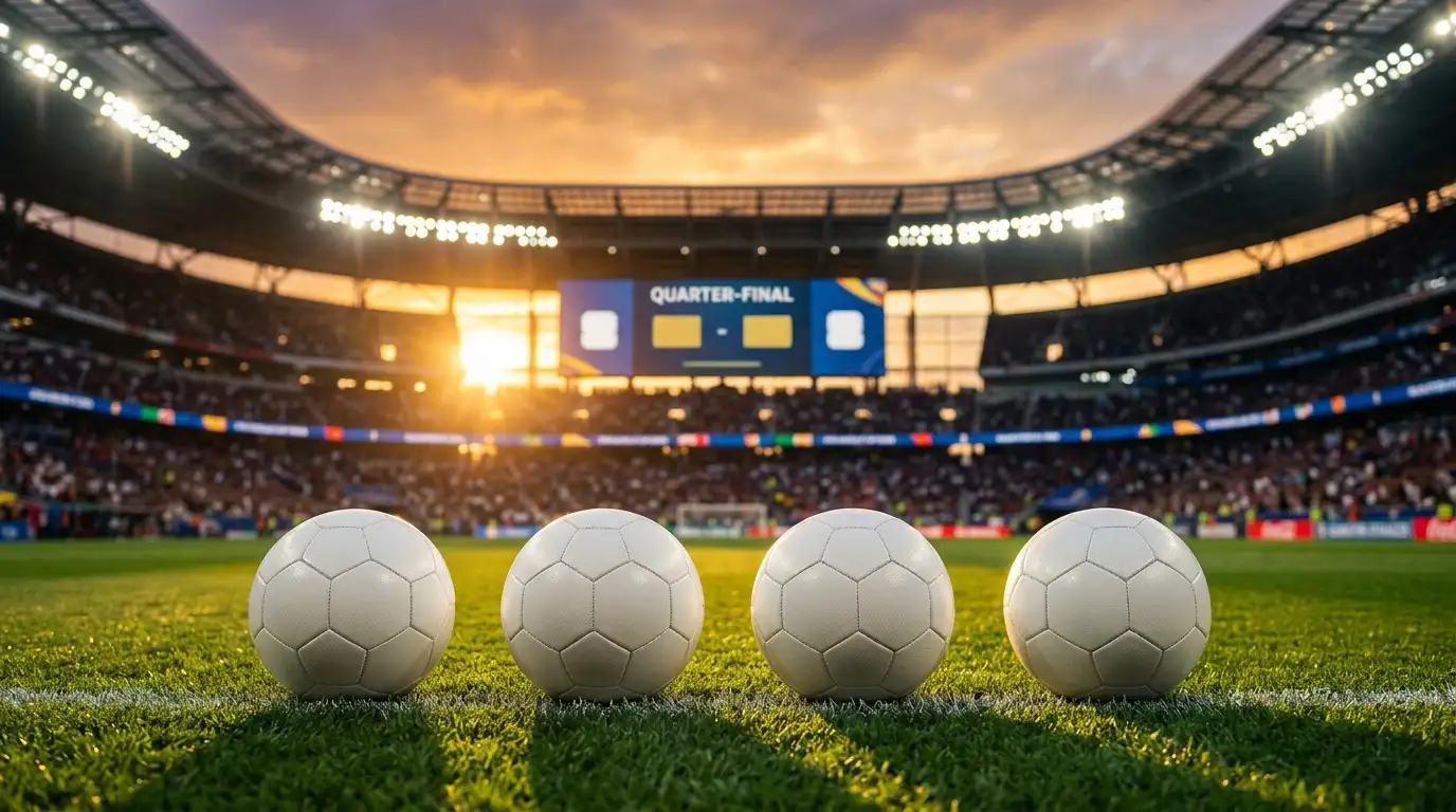 Quatre ballons de football alignés sur une pelouse au coucher du soleil avant les quarts de finale
