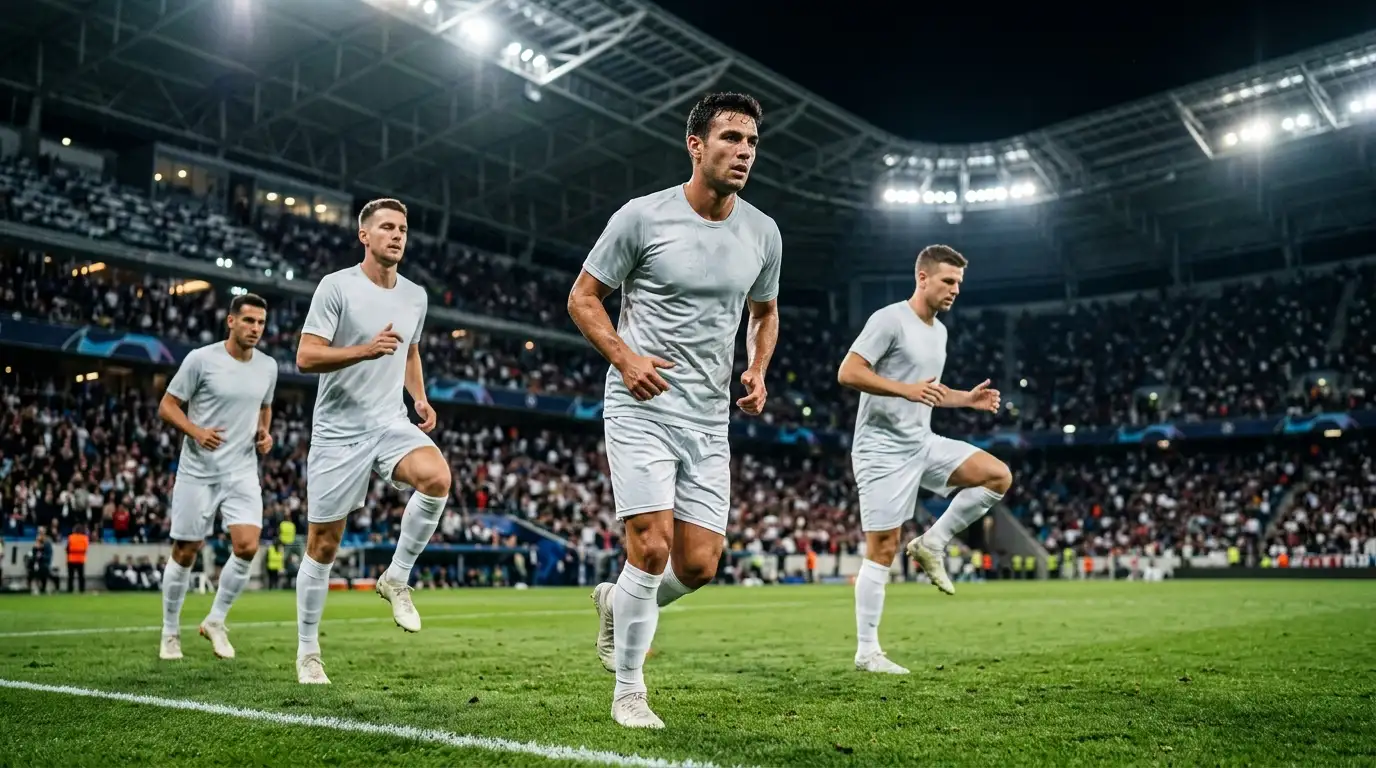 Joueurs en tenue claire concentrés à l'échauffement avant un quart de finale sous les projecteurs