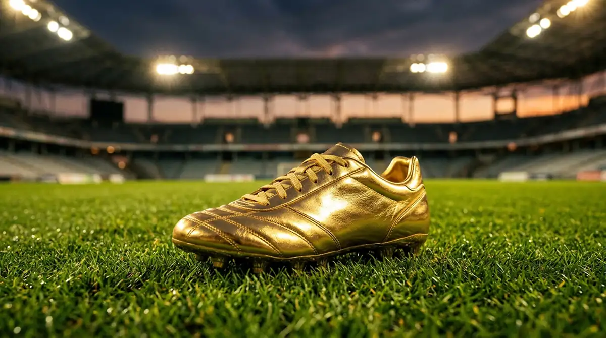 Chaussure de football dorée posée sur l'herbe d'un stade sous les projecteurs