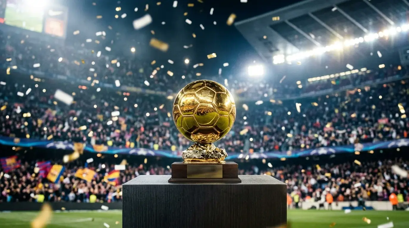 Le Ballon d'Or du Mondial 2026 sur un socle doré, projecteurs de stade en arrière-plan, ambiance de cérémonie