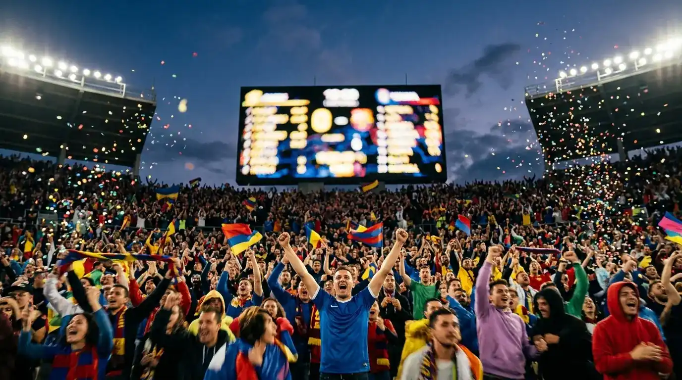 Tableau de statistiques lumineux dans un stade vide après la finale, projecteurs encore allumés