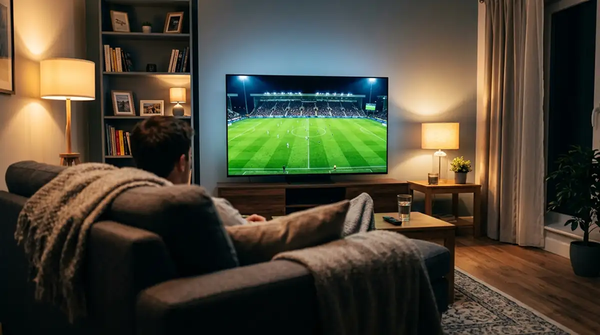 Salon éclairé le soir avec un grand téléviseur diffusant un match de football