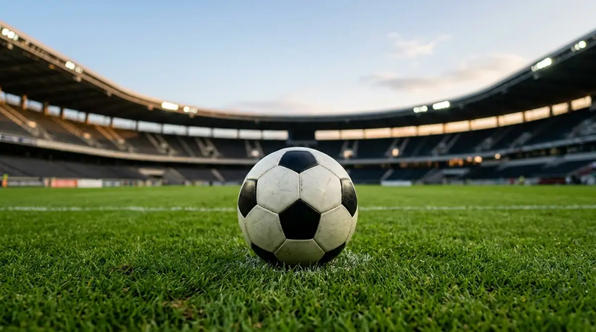 Ballon de football posé sur la pelouse d'un grand stade ouvert en début de soirée sous un ciel dégagé