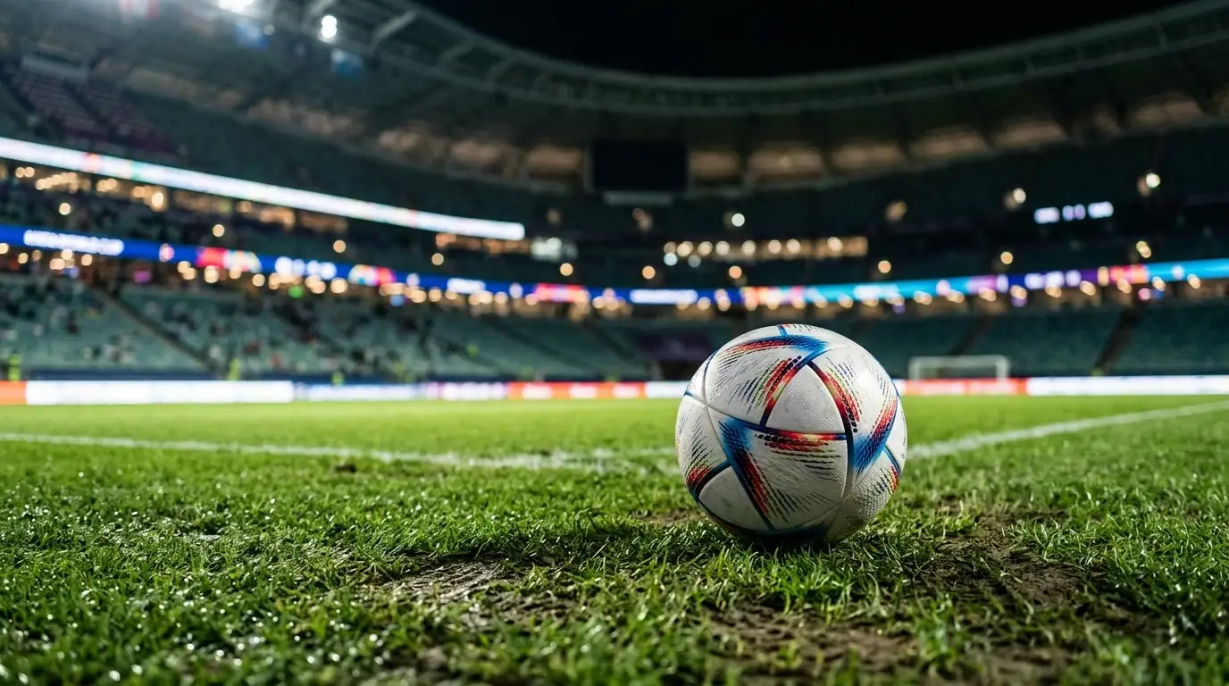 Ballon officiel sur une pelouse de stade illuminée au terme d'un quart de finale à élimination directe