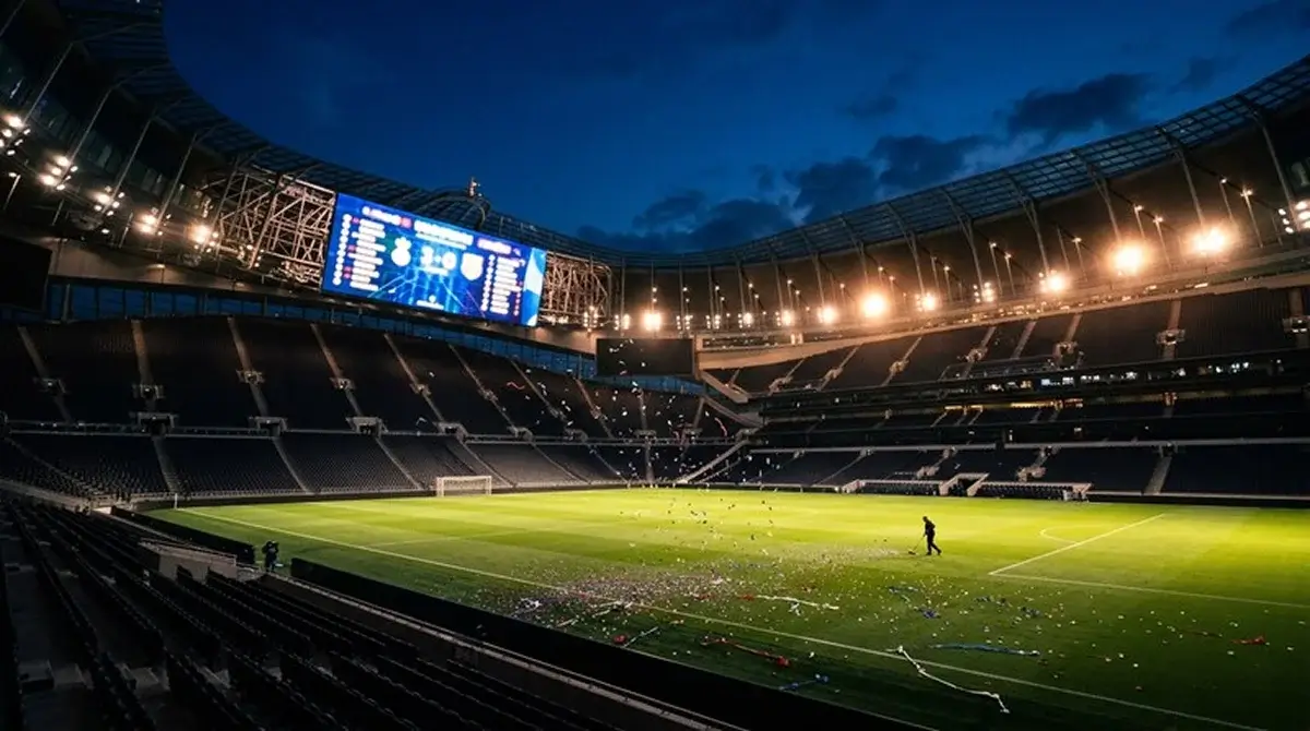 Tableau d'affichage d'un stade de Coupe du Monde illuminé après un match du soir