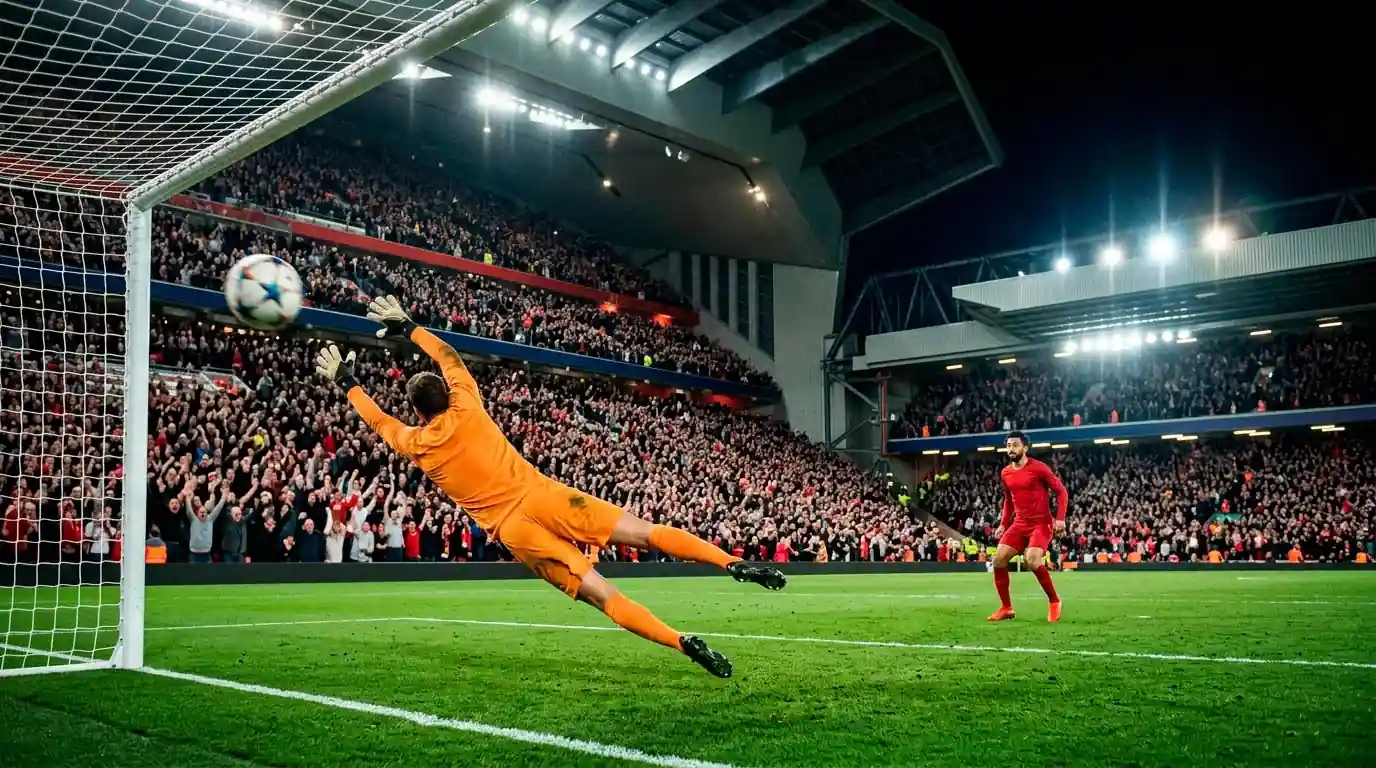 Tirs au but dans un stade de Coupe du Monde bondé, un gardien plongeant sur sa ligne