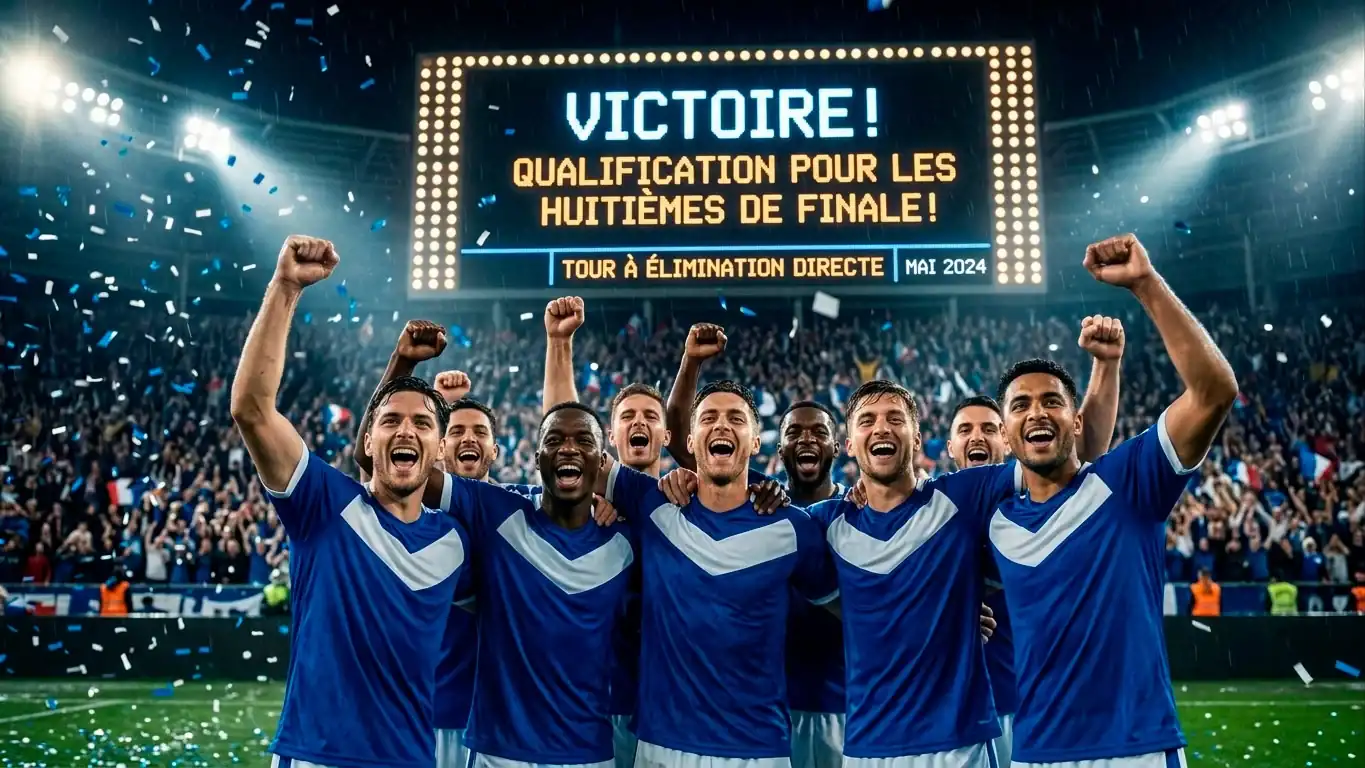 Joueurs célébrant une qualification devant un tableau d'affichage de stade