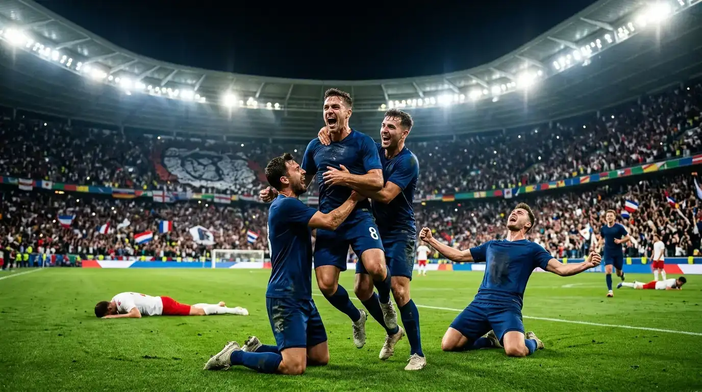 Ambiance électrique dans un stade de Coupe du Monde au moment d'un but décisif