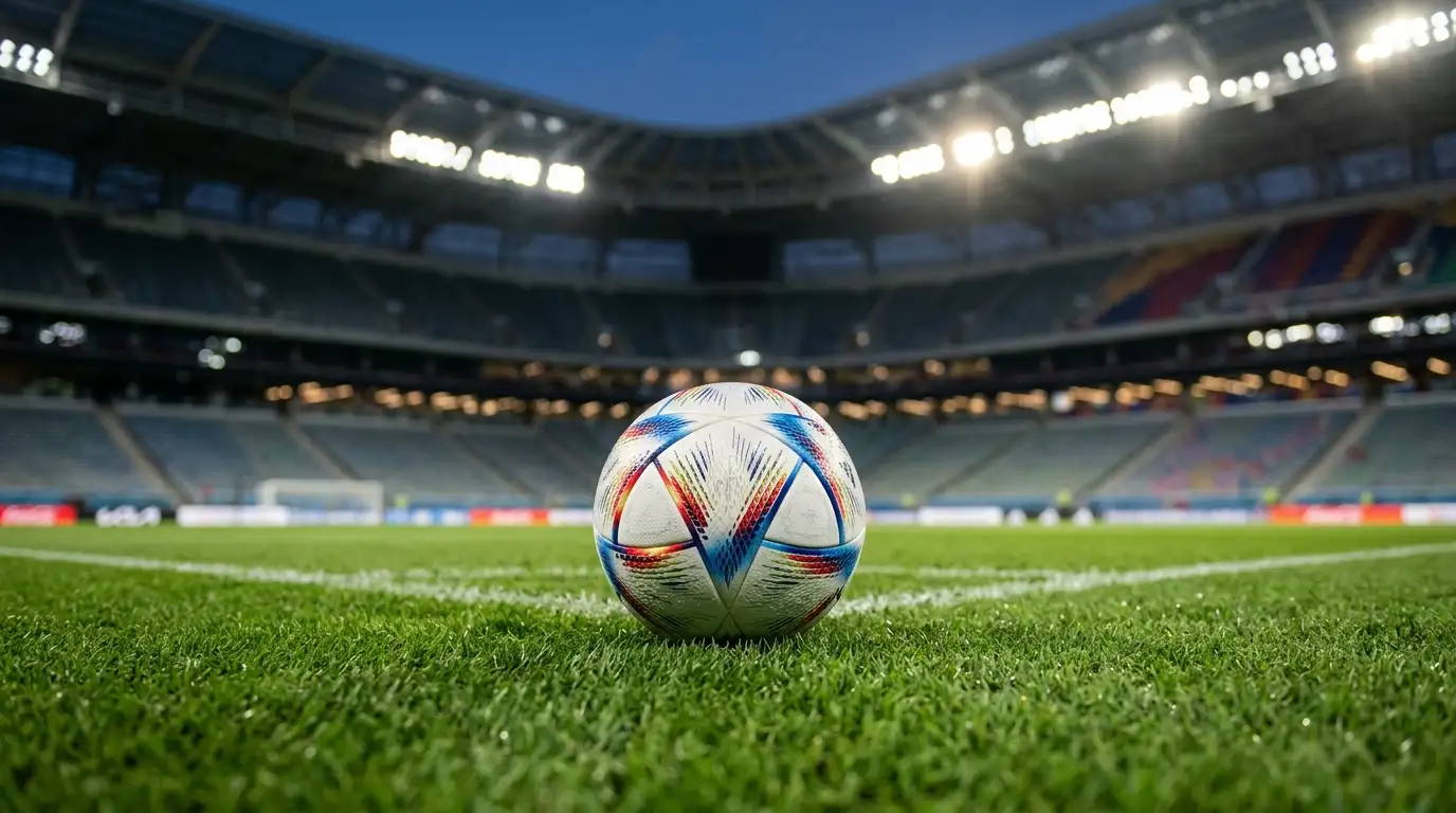 Ballon officiel sur une pelouse de stade illuminée au soir d'un huitième de finale