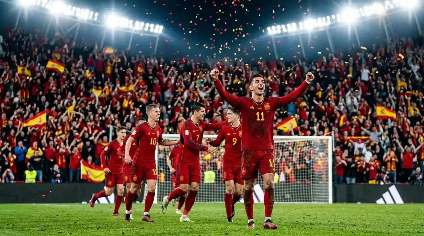 Célébration des joueurs espagnols en maillots rouges sous les projecteurs après un but en prolongation