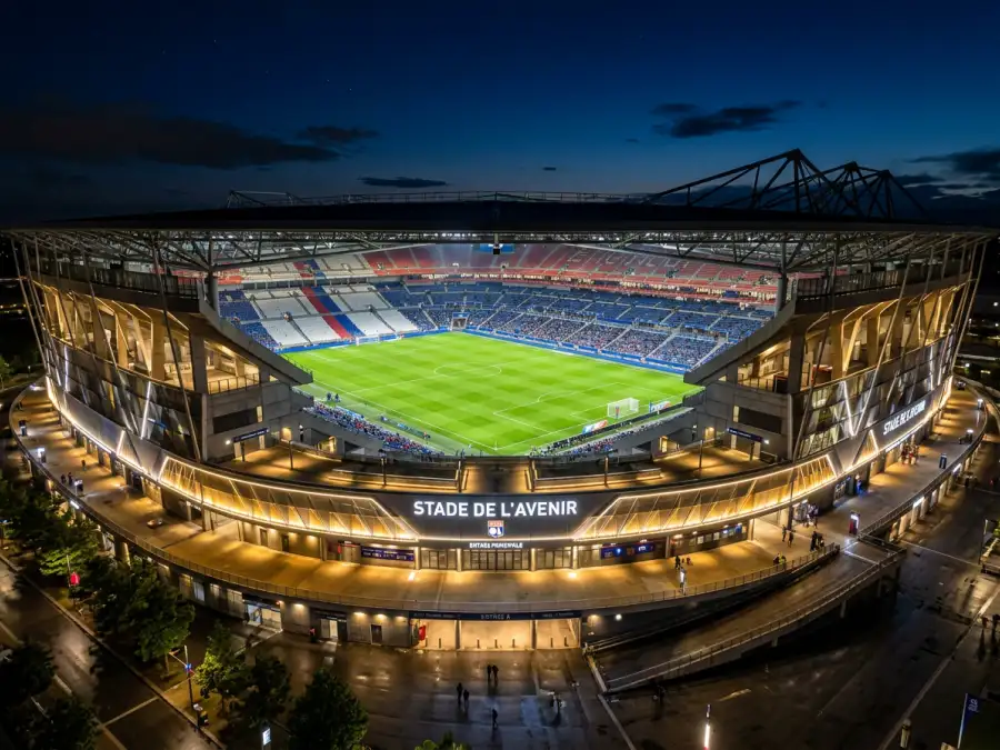 Stade de football américain illuminé la nuit avec pelouse verte impeccable avant un match de la Coupe du Monde 2026