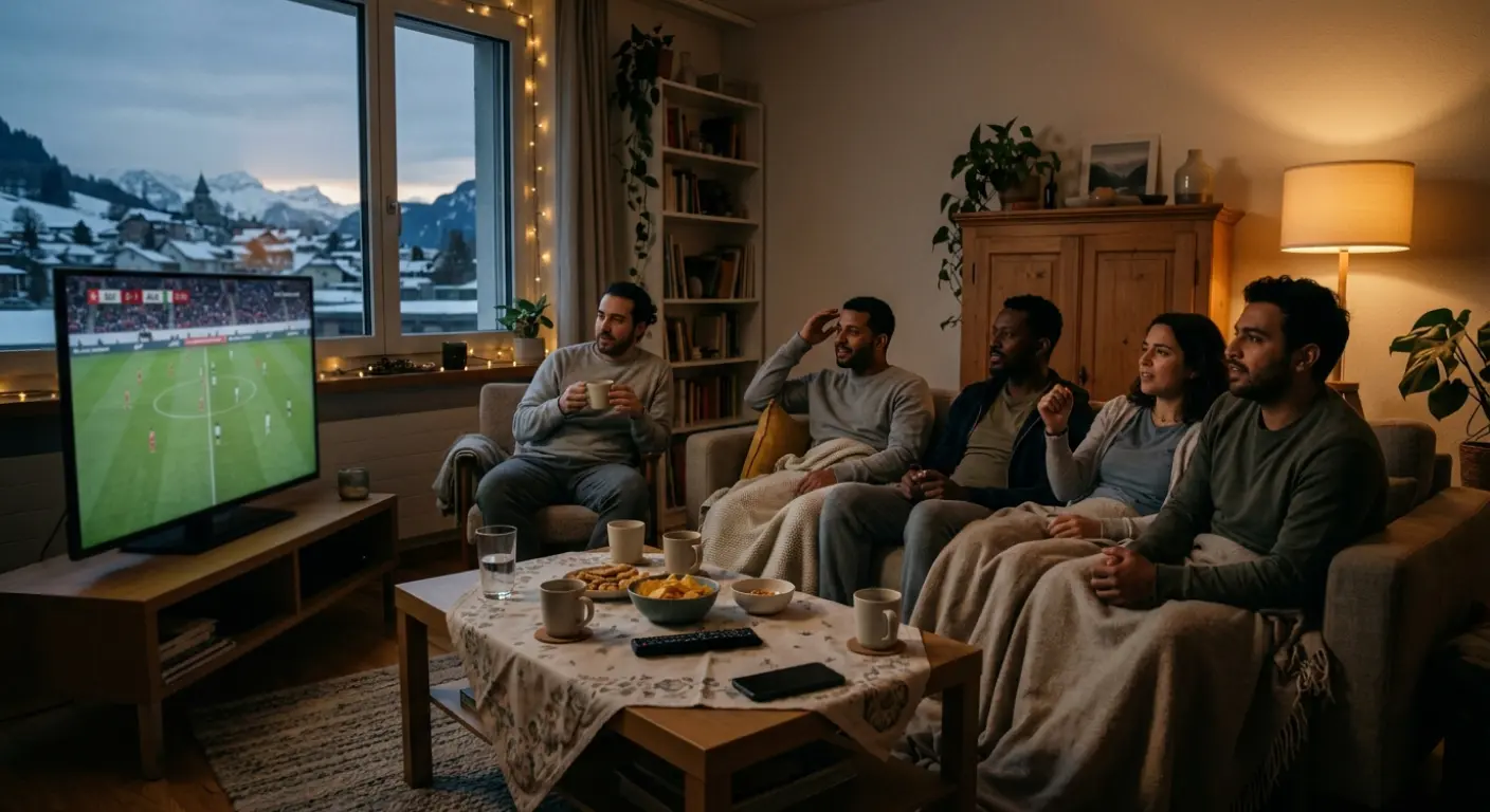 Supporters suisses regardant un match de football sur grand écran tard dans la nuit