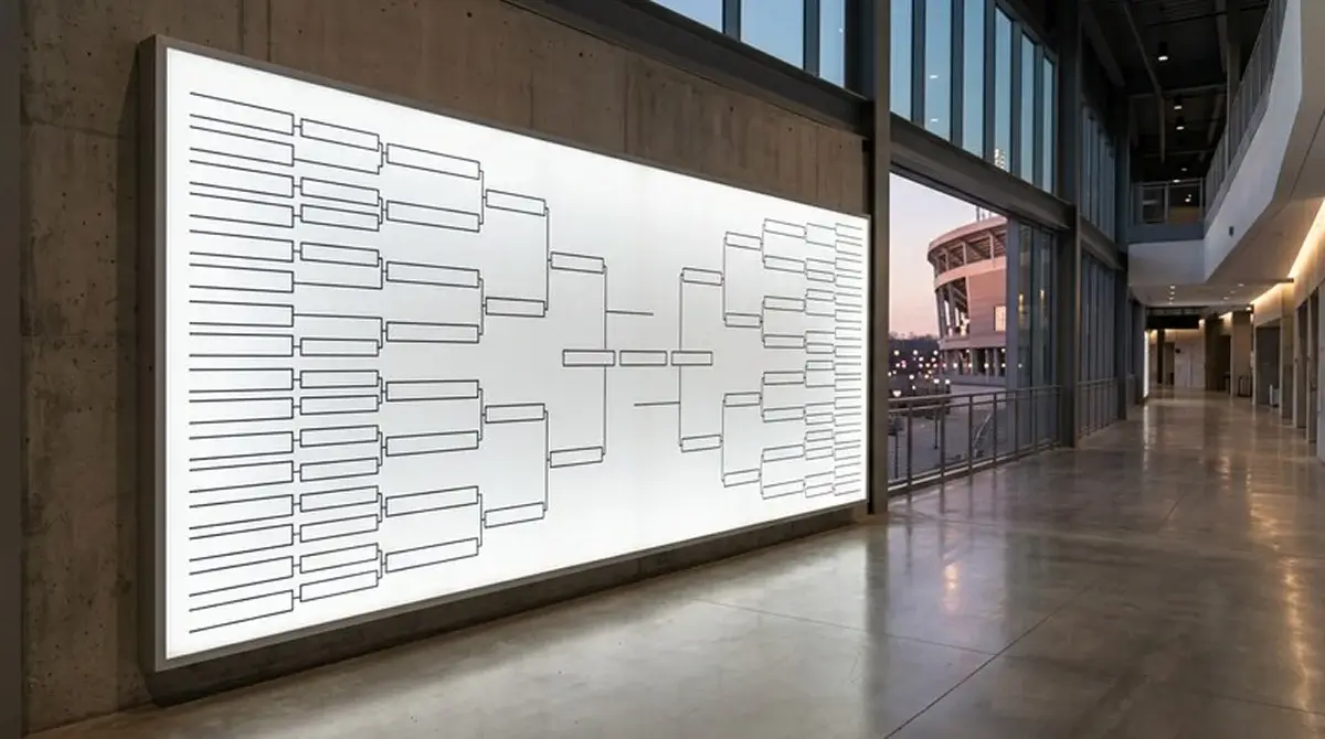 Tableau des huitièmes de finale d'une Coupe du Monde affiché dans un stade