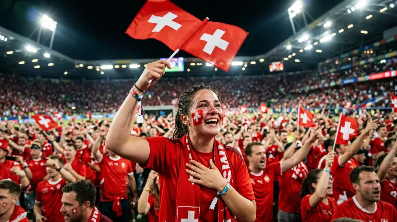 Drapeau suisse rouge à croix blanche déployé dans un stade de Coupe du Monde, supporters en rouge, ambiance de soirée de match