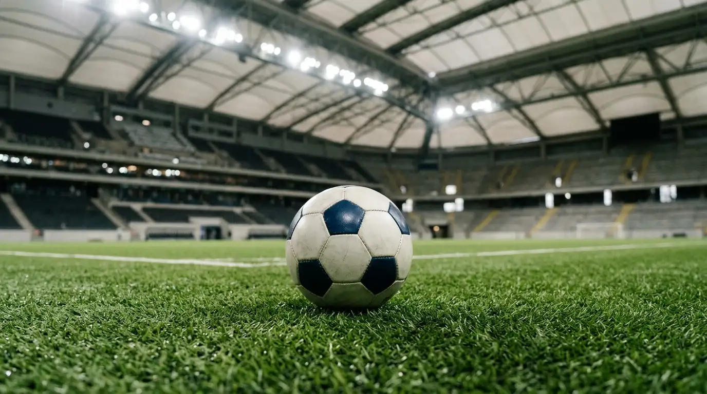 Ballon de football sur la pelouse d'un stade couvert, éclairage artificiel