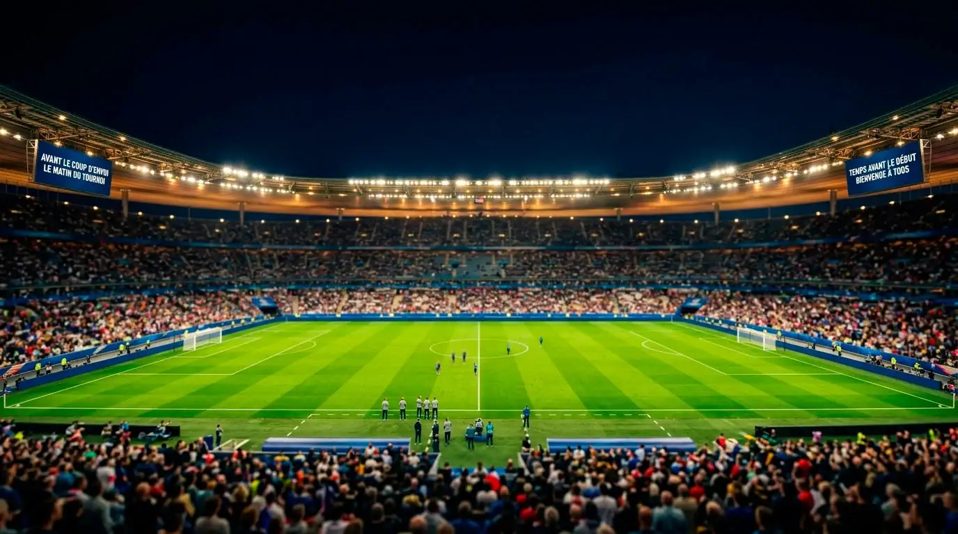 Stade de Coupe du Monde illuminé de nuit avant le coup d'envoi, pelouse verte sous les projecteurs